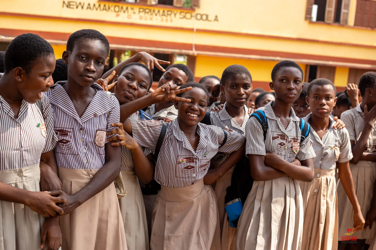 Pupils pictured outside New Amakom Primary School during the outreach.